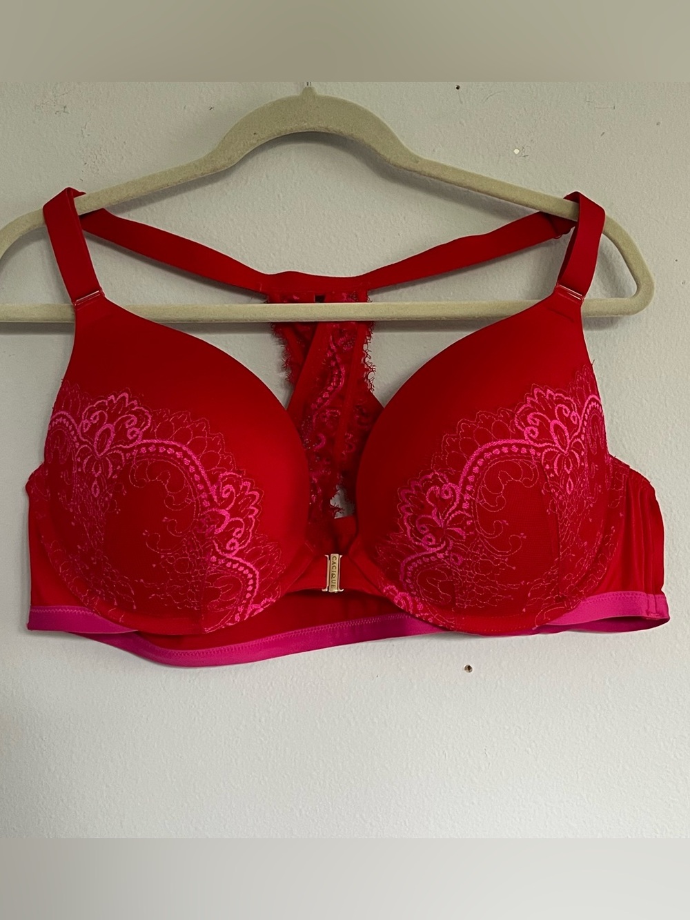 Cacique Red Lace-Trim Boost Plunge Racerback Bra 44C Front Closure